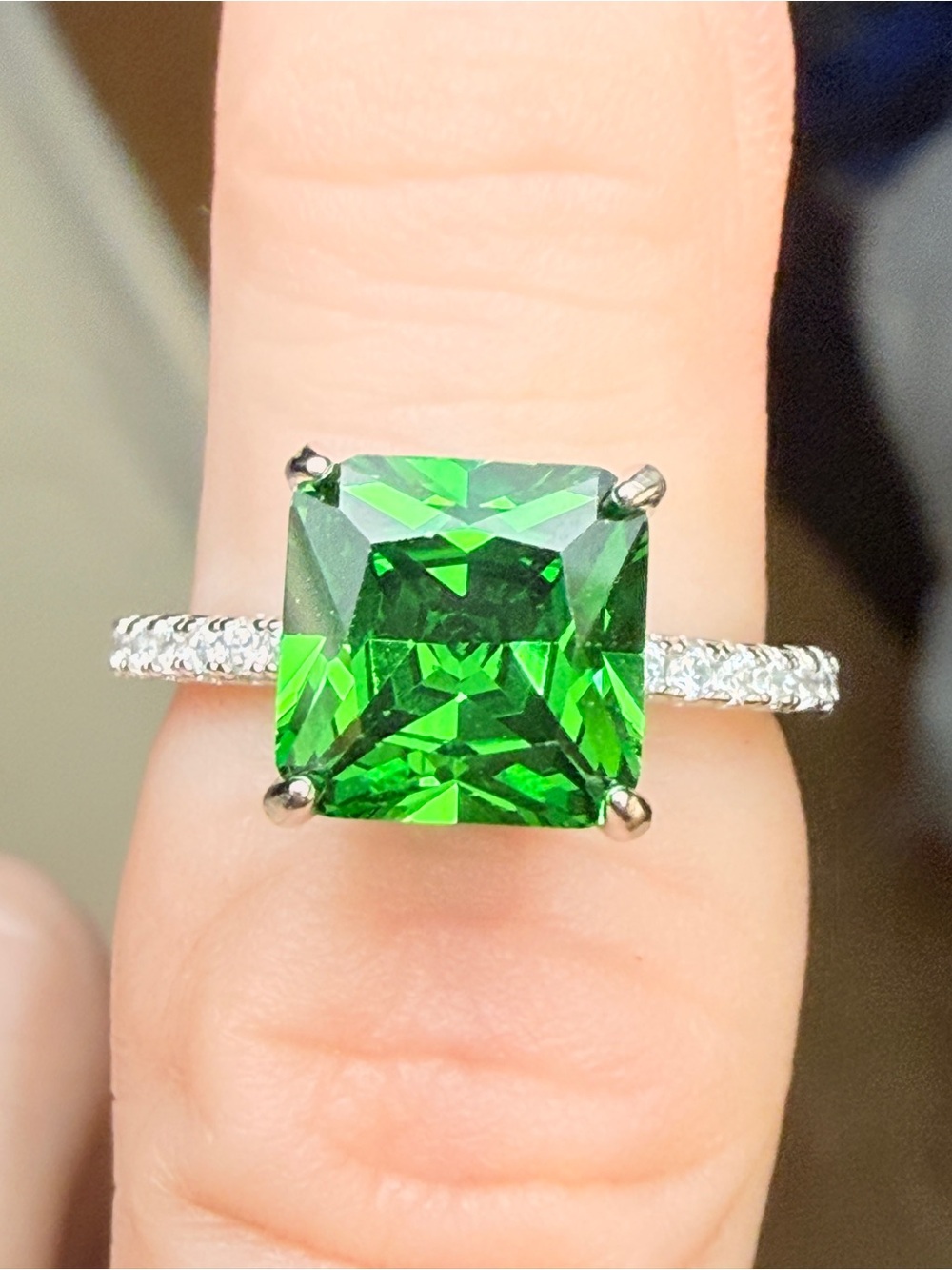 EMERALD Green PRINCESS Cut Solitaire Ring MOISSANITE DIAMONDS surrounding 925 SS